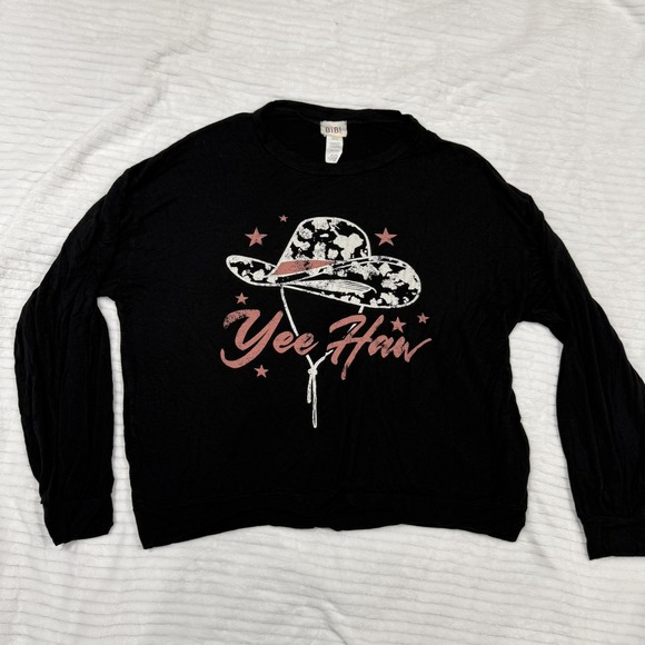 BiBi Tops - Bibi Yee Haw Cowboy Hat Graphic Long Sleeve Top Black Pink Western Large
